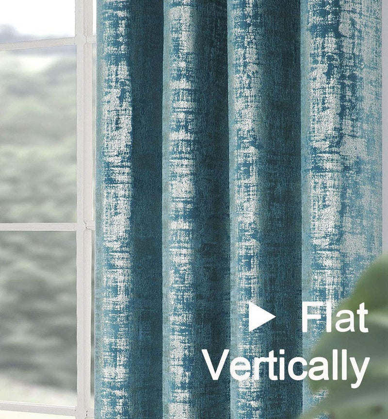 always4u Soft Velvet Curtains 108 Inch Length Long Luxury Bedroom Curtains Silver Foil Print Window Treatments for Living Room Set of 2 Teal - Image 4